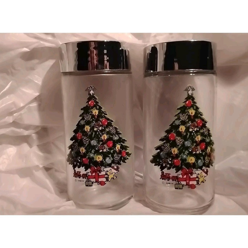Vtg‎ Sabin Salt Pepper Shakers Christmas Tree theme 1990s 5" tall Action Glass